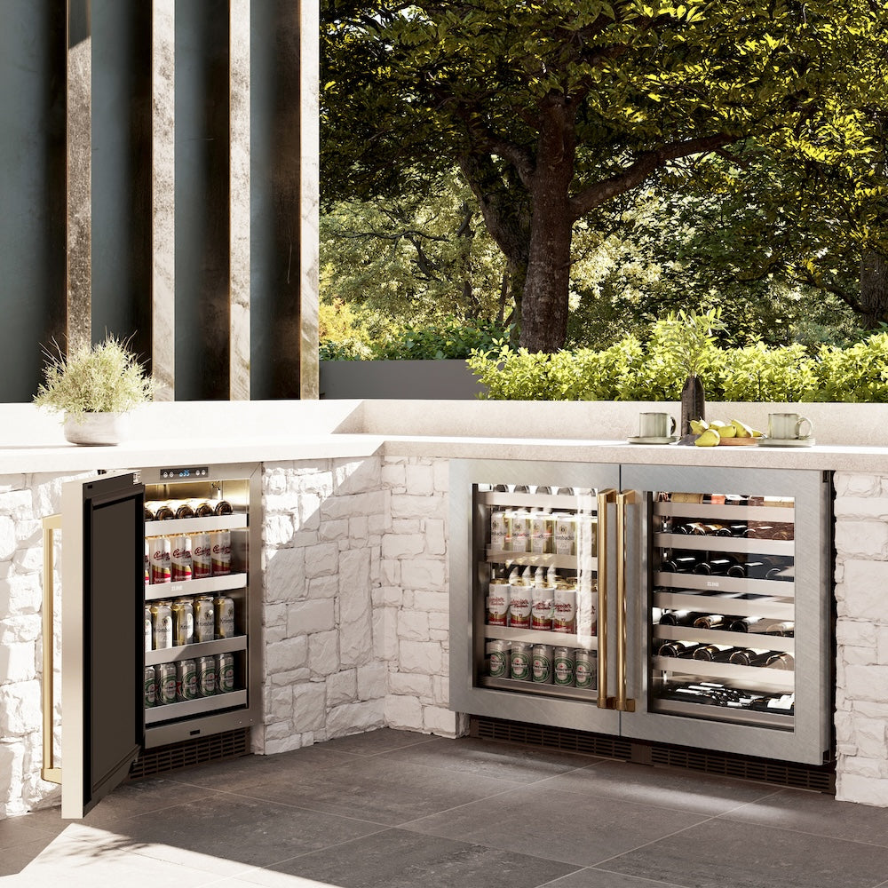 Autograph Edition 24 In. Touchstone 151 Can Beverage Fridge With Satin Stainless Steel Glass Door And Polished Gold Handle RBSOZSN24G
