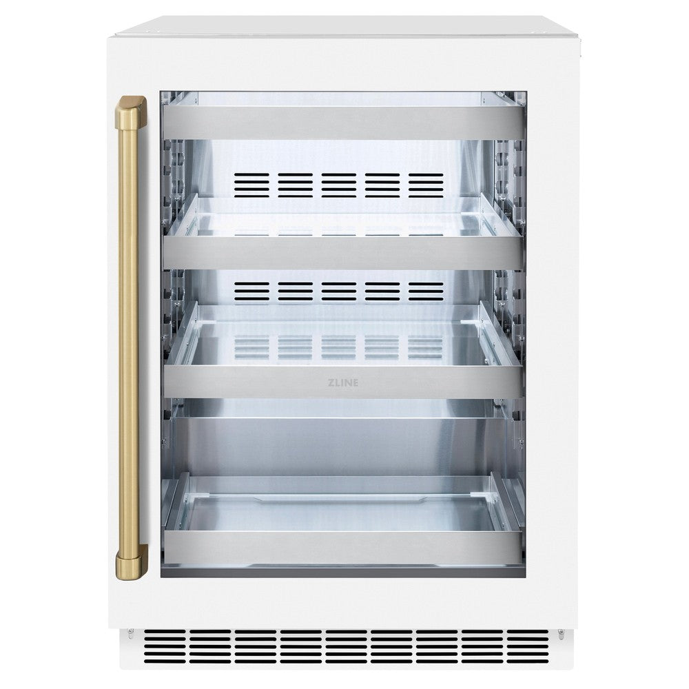 Autograph Edition 24 In. Touchstone 151 Can Beverage Fridge With White Matte Glass Door And Champagne Bronze Handle RBSOZWM24CB