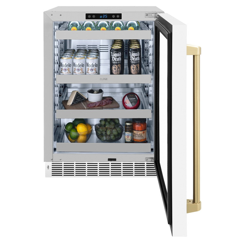 Autograph Edition 24 In. Touchstone 151 Can Beverage Fridge With White Matte Glass Door And Champagne Bronze Handle RBSOZWM24CB