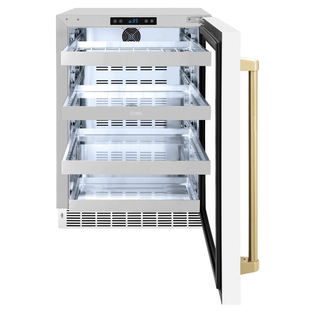 Autograph Edition 24 In. Touchstone 151 Can Beverage Fridge With White Matte Glass Door And Champagne Bronze Handle RBSOZWM24CB