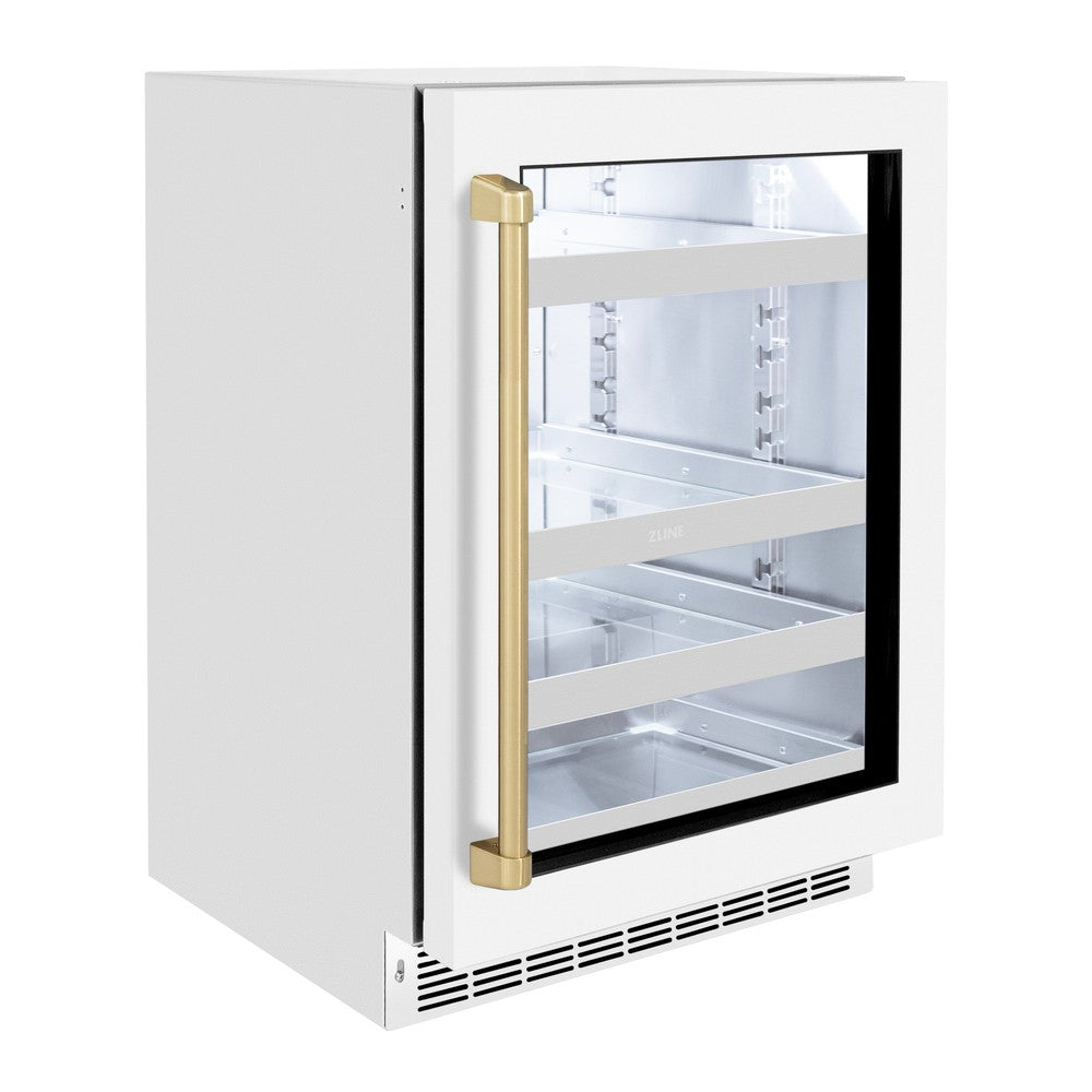 Autograph Edition 24 In. Touchstone 151 Can Beverage Fridge With White Matte Glass Door And Champagne Bronze Handle RBSOZWM24CB
