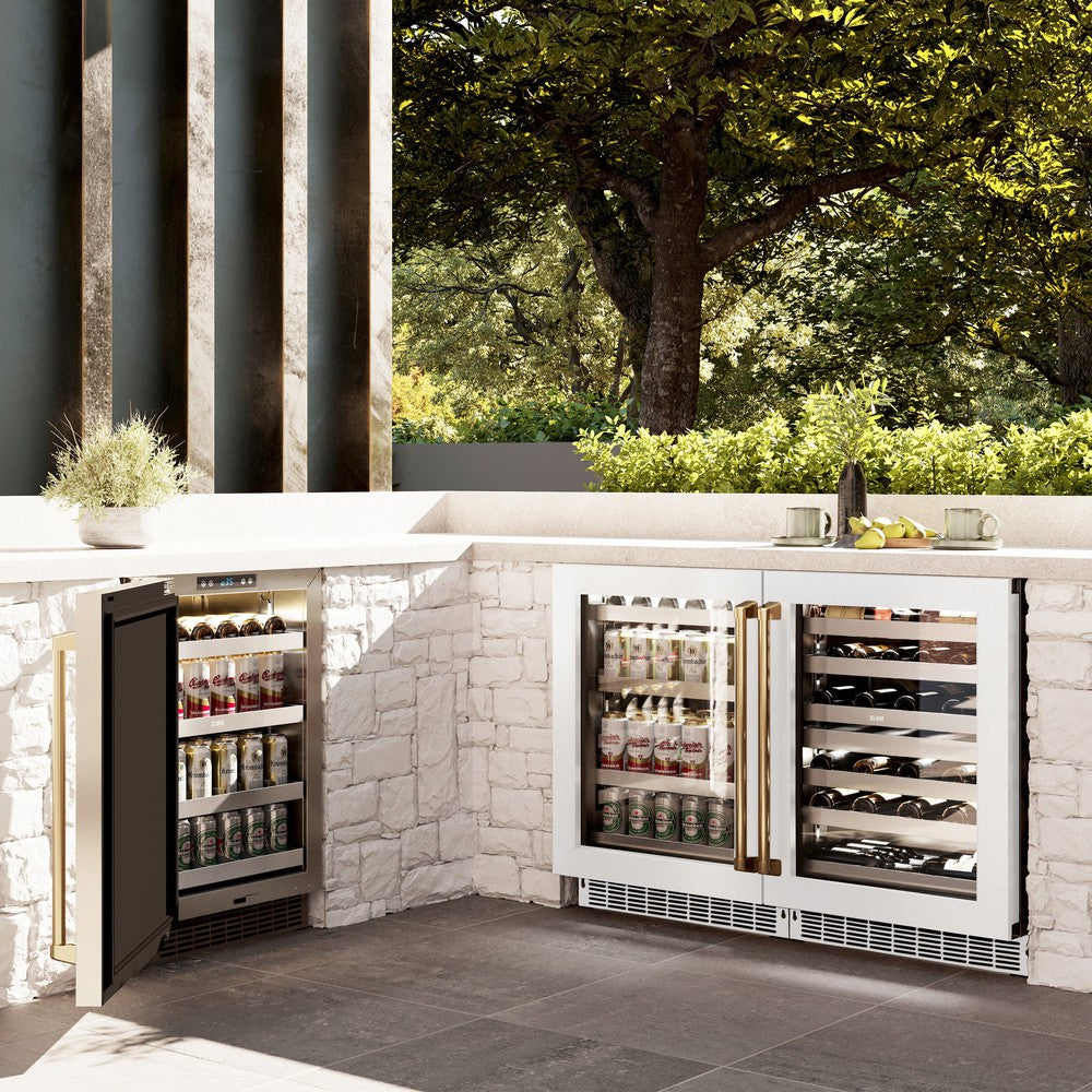 Autograph Edition 24 In. Touchstone 151 Can Beverage Fridge With White Matte Glass Door And Polished Gold Handle RBSOZWM24G