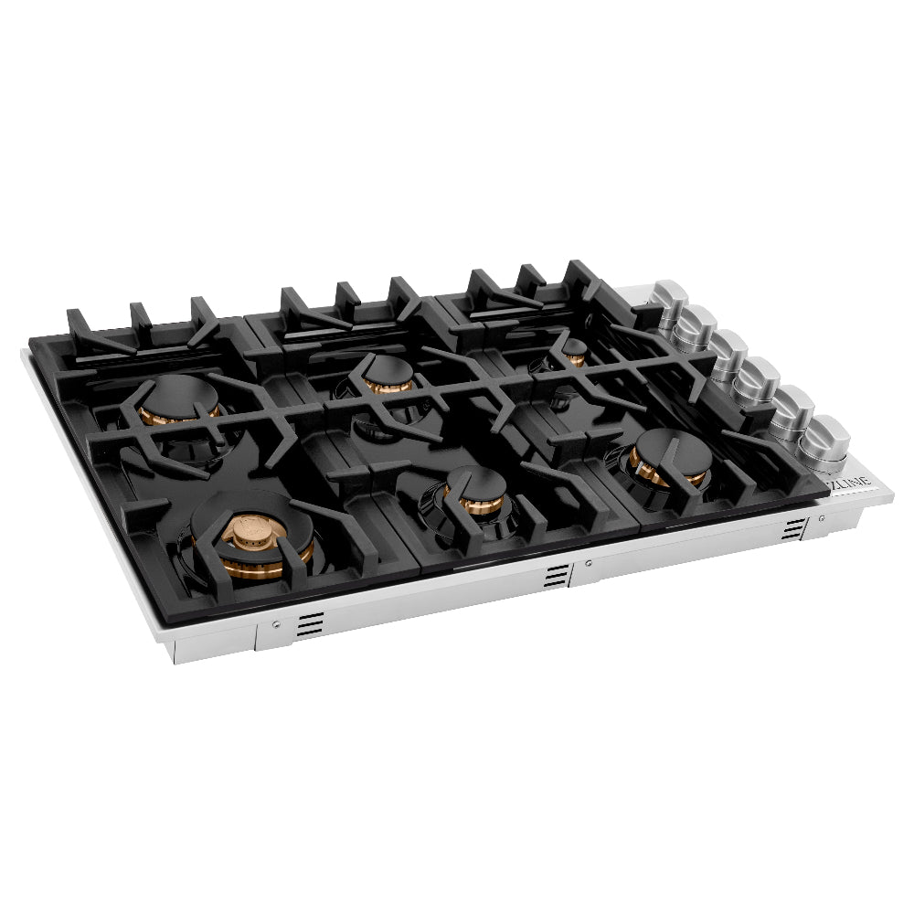 36" Dropin Gas Stovetop with 6 Gas Brass Burners and Porcelain Top RCBR36PBT