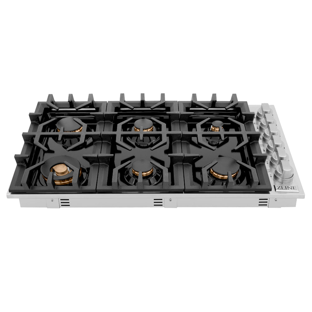 36" Dropin Gas Stovetop with 6 Gas Brass Burners and Porcelain Top RCBR36PBT