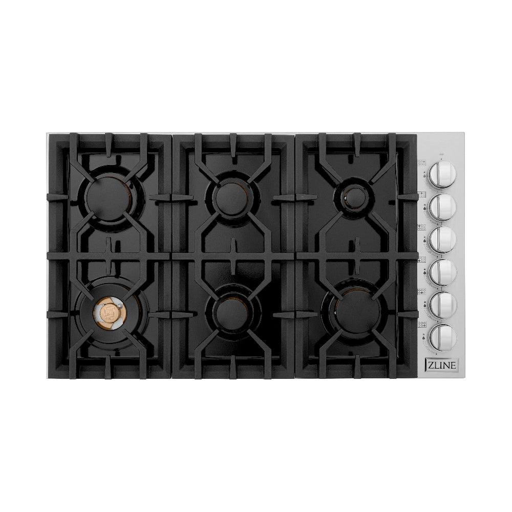 36" Dropin Gas Stovetop with 6 Gas Brass Burners and Porcelain Top RCBR36PBT