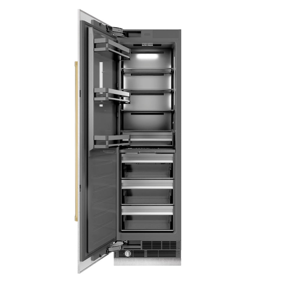 Autograph Edition 24 In. 12.4 Cu. Ft. Column Freezer In Satin Stainless Steel With Graphite Gray Interior And Polished Gold Accents RCFVZSN24G