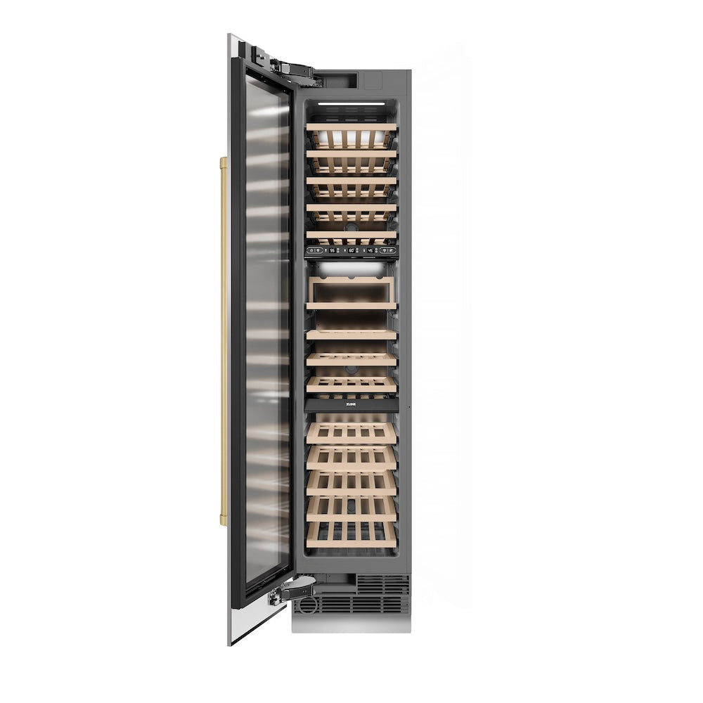 Autograph Edition 18 In. 9.0 Cu. Ft. Triple Zone 68 Bottle Left Hinge Column Wine Cooler In Stainless Steel With Champagne Bronze Accents RCWVLZ30418CB