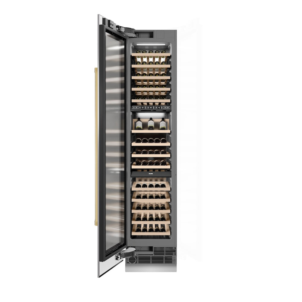 Autograph Edition 18 In. 9.0 Cu. Ft. Triple Zone 68 Bottle Left Hinge Column Wine Cooler In Stainless Steel With Polished Gold Accents RCWVLZ30418G