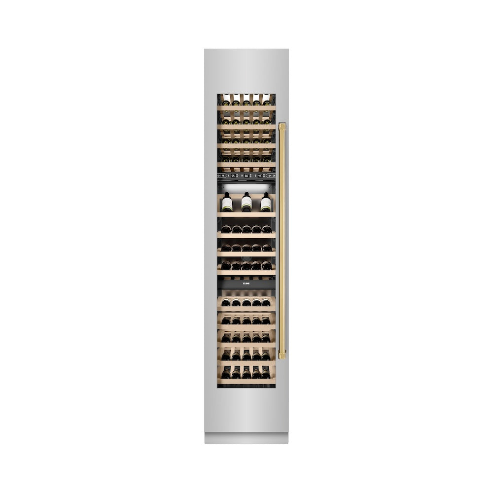 Autograph Edition 18 In. 9.0 Cu. Ft. Triple Zone 68 Bottle Left Hinge Column Wine Cooler In Stainless Steel With Polished Gold Accents RCWVLZ30418G
