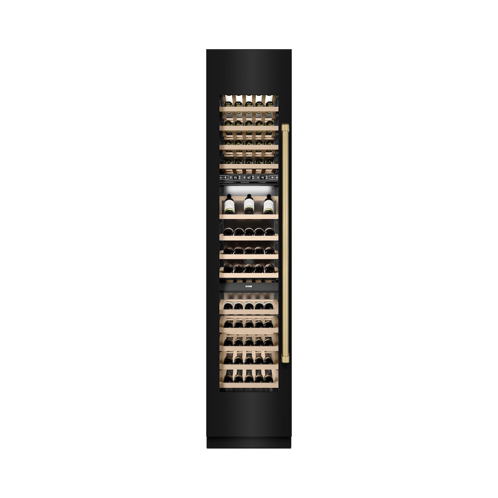 Autograph Edition 18 In. 9.0 Cu. Ft. Triple Zone 68 Bottle Left Hinge Column Wine Cooler In Black Stainless Steel With Champagne Bronze Accents RCWVLZBS18CB