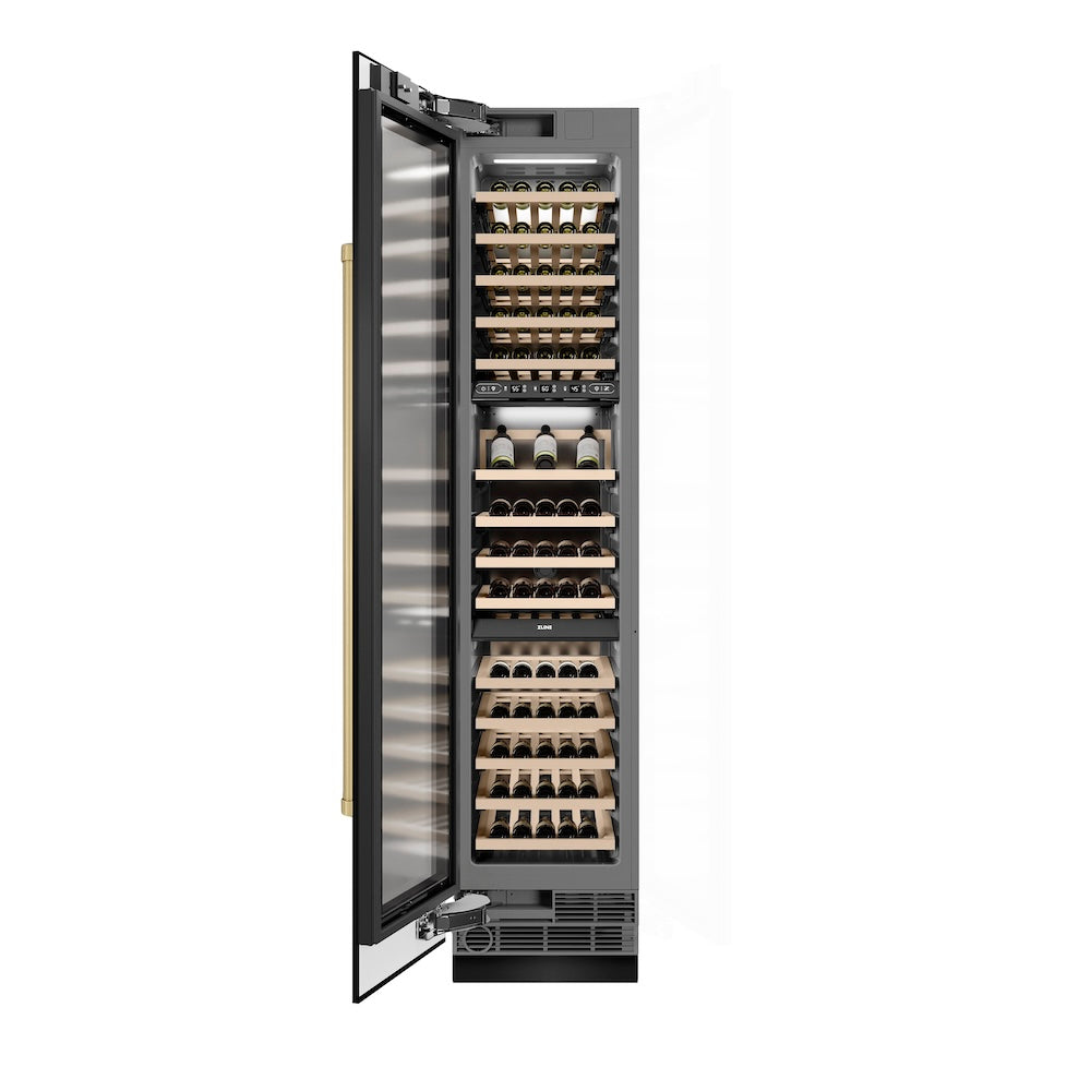 Autograph Edition 18 In. 9.0 Cu. Ft. Triple Zone 68 Bottle Left Hinge Column Wine Cooler In Black Stainless Steel With Champagne Bronze Accents RCWVLZBS18CB