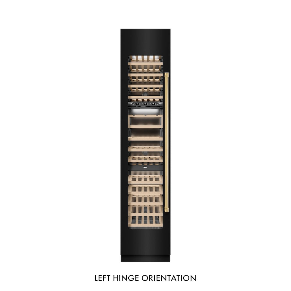 Autograph Edition 18 In. 9.0 Cu. Ft. Triple Zone 68 Bottle Left Hinge Column Wine Cooler In Black Stainless Steel With Polished Gold Accents RCWVLZBS18G
