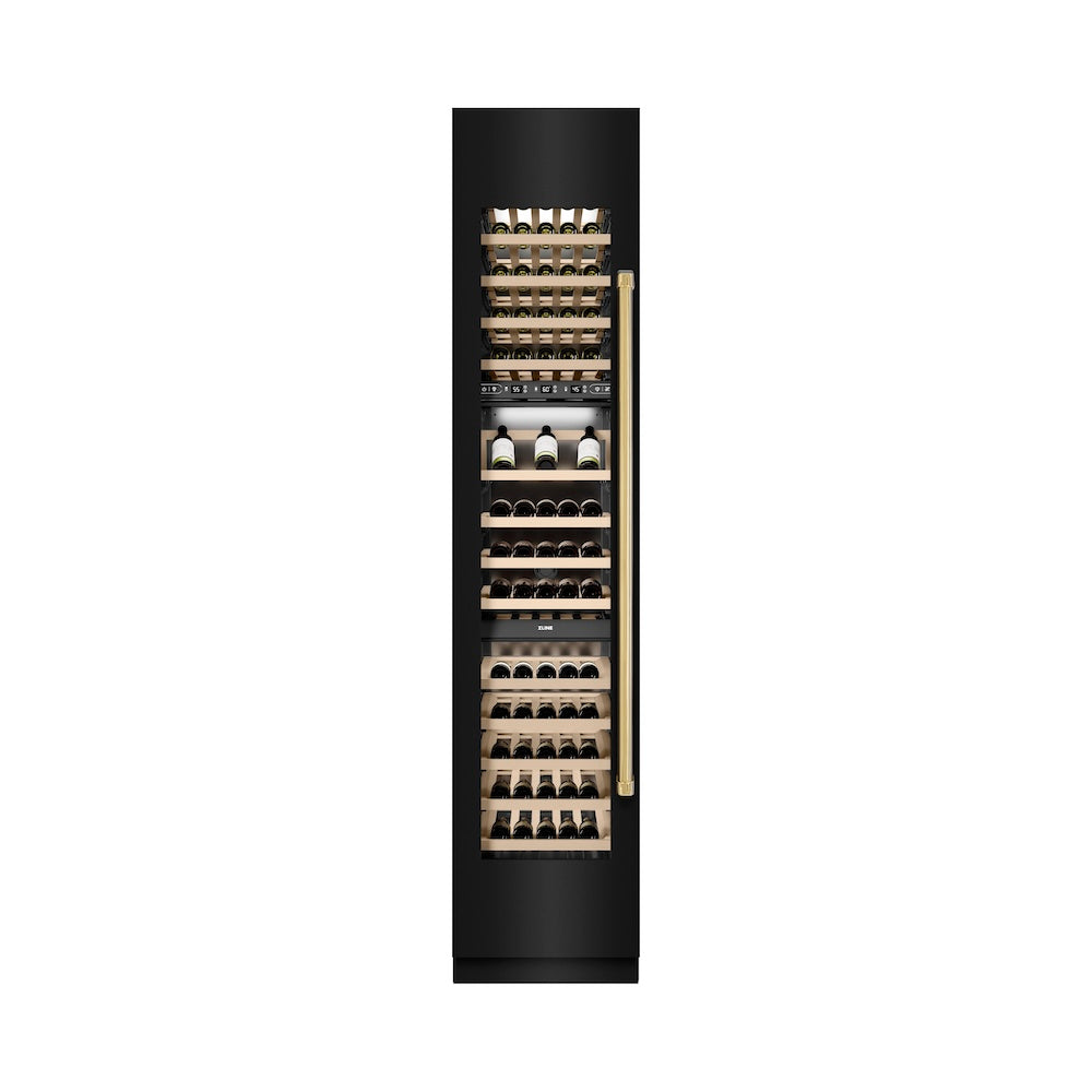 Autograph Edition 18 In. 9.0 Cu. Ft. Triple Zone 68 Bottle Left Hinge Column Wine Cooler In Black Stainless Steel With Polished Gold Accents RCWVLZBS18G