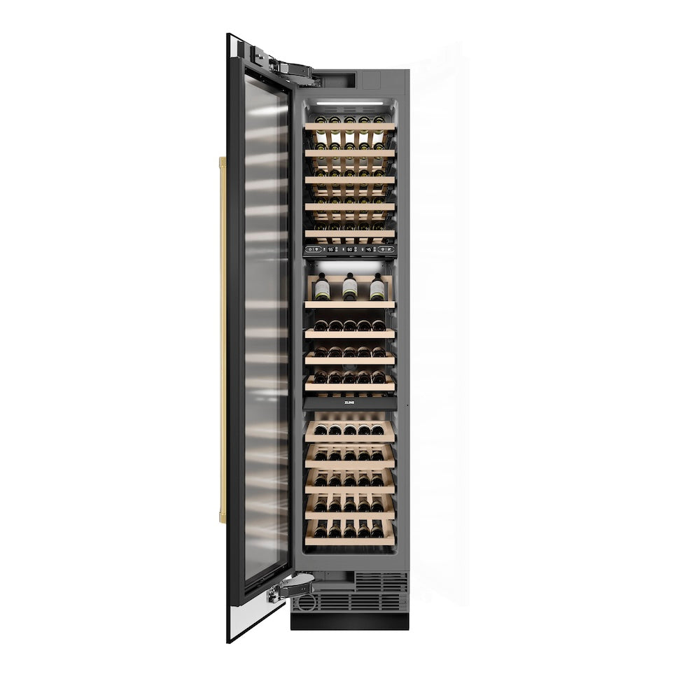 Autograph Edition 18 In. 9.0 Cu. Ft. Triple Zone 68 Bottle Left Hinge Column Wine Cooler In Black Stainless Steel With Polished Gold Accents RCWVLZBS18G