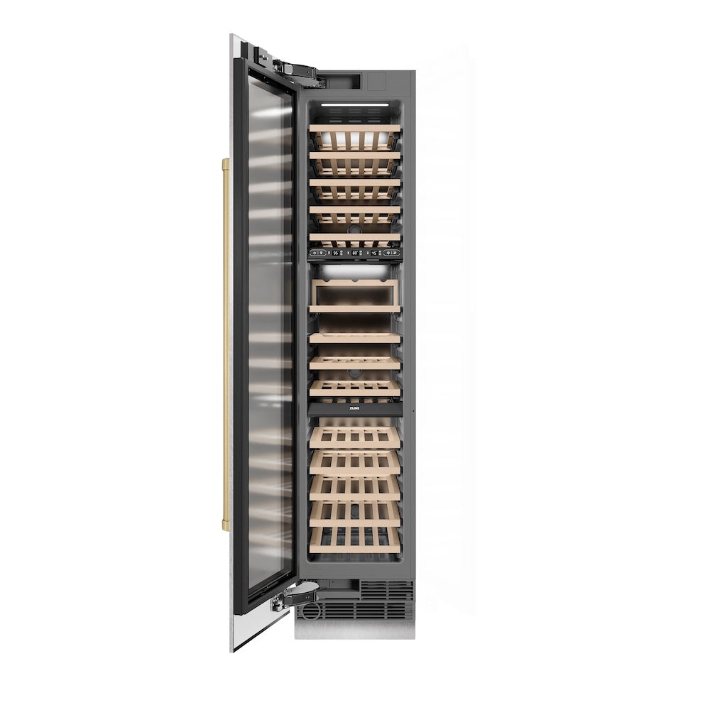 Autograph Edition 18 In. 9.0 Cu. Ft. Triple Zone 68 Bottle Left Hinge Column Wine Cooler In Satin Stainless Steel With Champagne Bronze Accents RCWVLZSN18CB