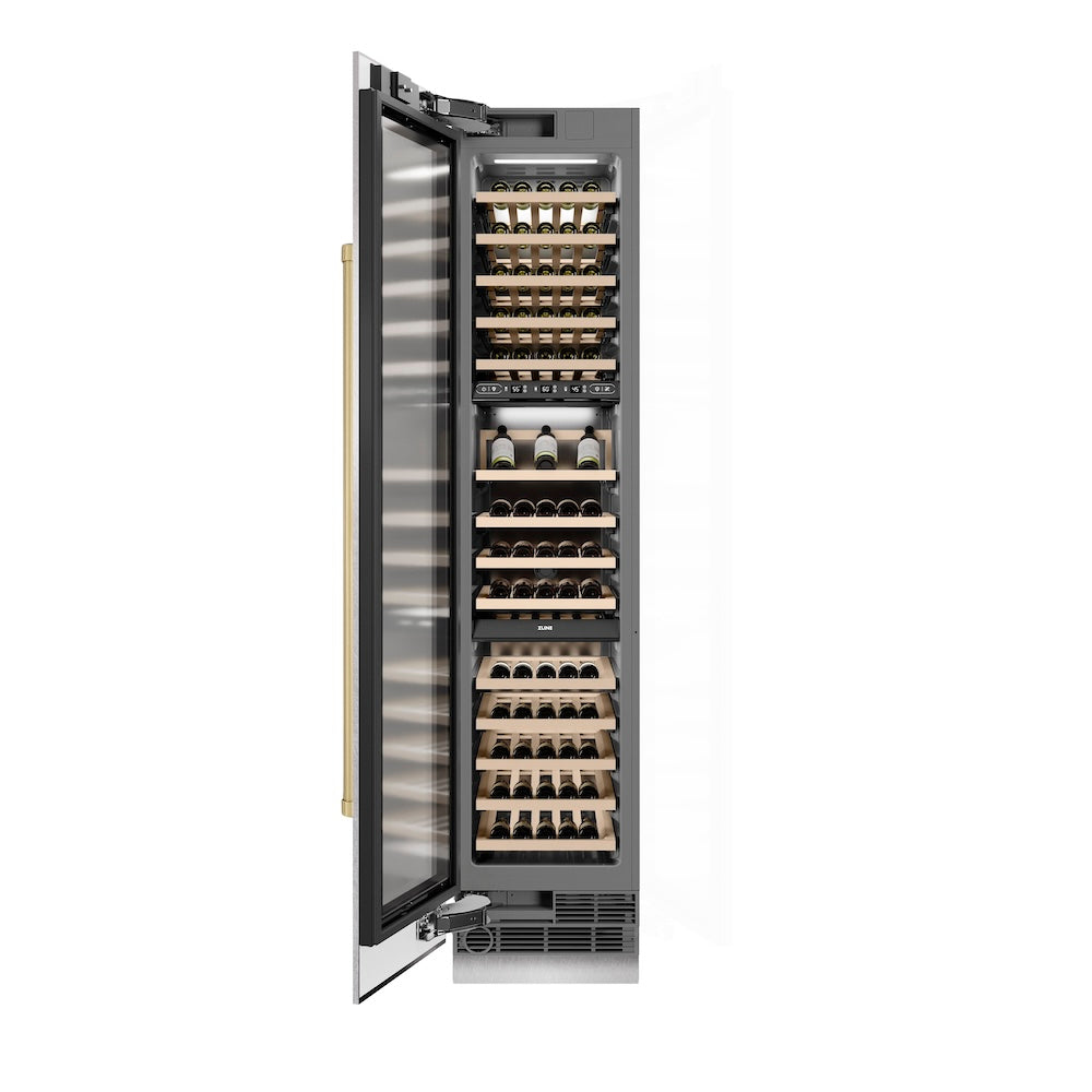 Autograph Edition 18 In. 9.0 Cu. Ft. Triple Zone 68 Bottle Left Hinge Column Wine Cooler In Satin Stainless Steel With Champagne Bronze Accents RCWVLZSN18CB