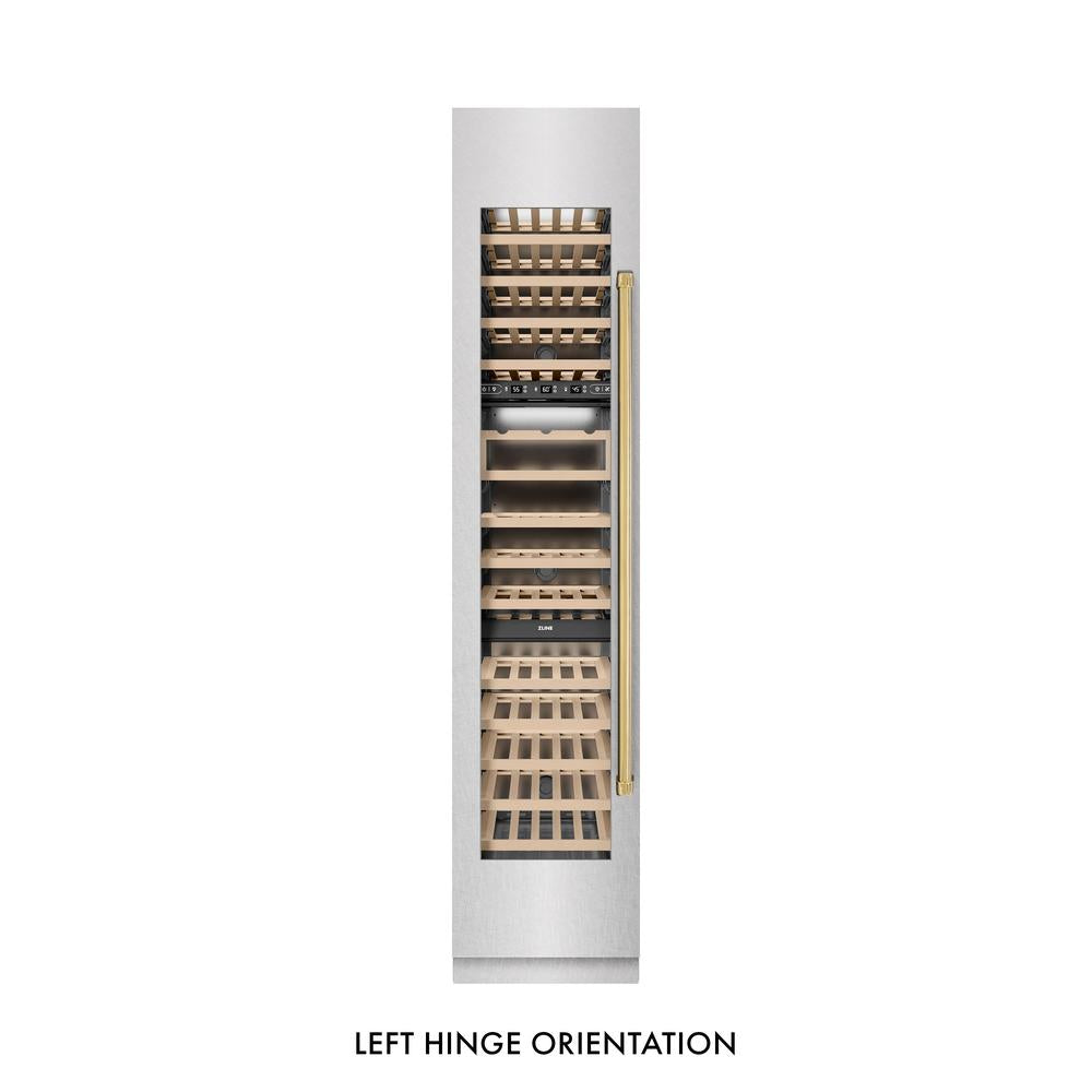 Autograph Edition 18 In. 9.0 Cu. Ft. Triple Zone 68 Bottle Left Hinge Column Wine Cooler In Satin Stainless Steel With Polished Gold Accents RCWVLZSN18G