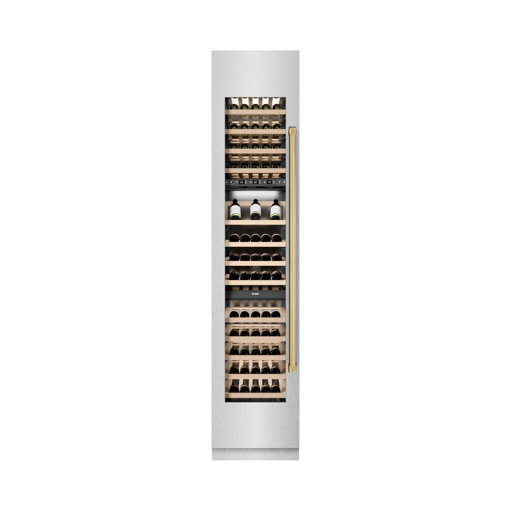 Autograph Edition 18 In. 9.0 Cu. Ft. Triple Zone 68 Bottle Left Hinge Column Wine Cooler In Satin Stainless Steel With Polished Gold Accents RCWVLZSN18G