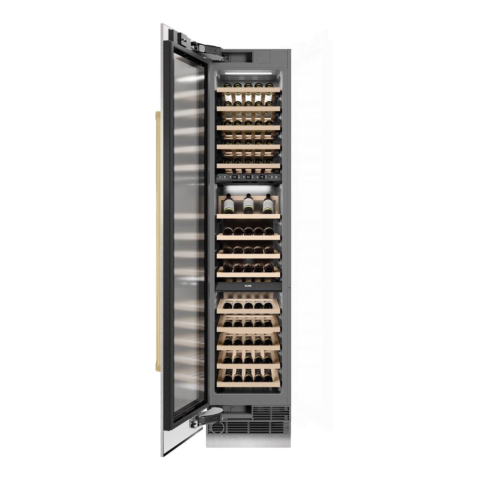 Autograph Edition 18 In. 9.0 Cu. Ft. Triple Zone 68 Bottle Left Hinge Column Wine Cooler In Satin Stainless Steel With Polished Gold Accents RCWVLZSN18G