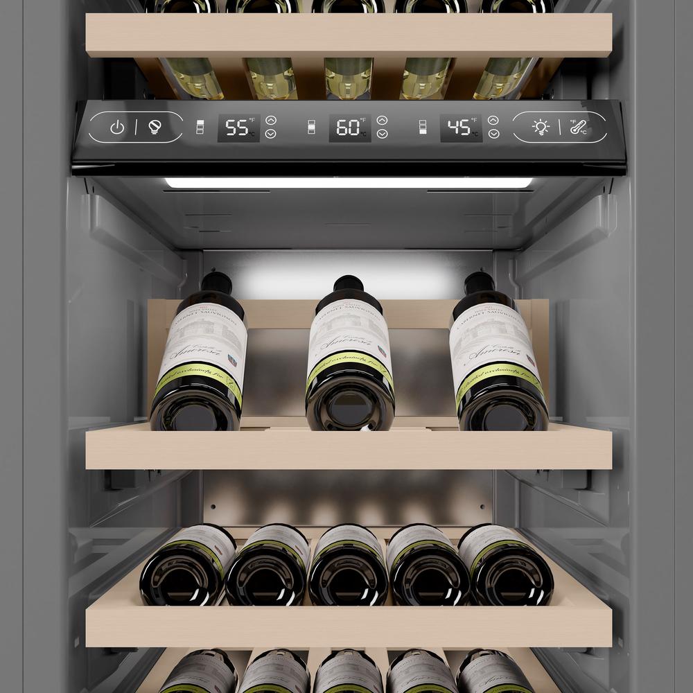 Autograph Edition 18 In. 9.0 Cu. Ft. Triple Zone 68 Bottle Left Hinge Column Wine Cooler In Satin Stainless Steel With Polished Gold Accents RCWVLZSN18G