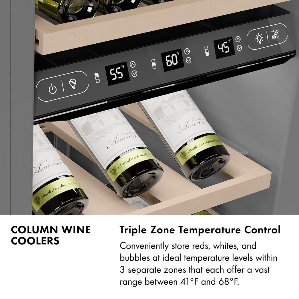 Autograph Edition 18 In. 9.0 Cu. Ft. Triple Zone 68 Bottle Left Hinge Column Wine Cooler In Satin Stainless Steel With Polished Gold Accents RCWVLZSN18G