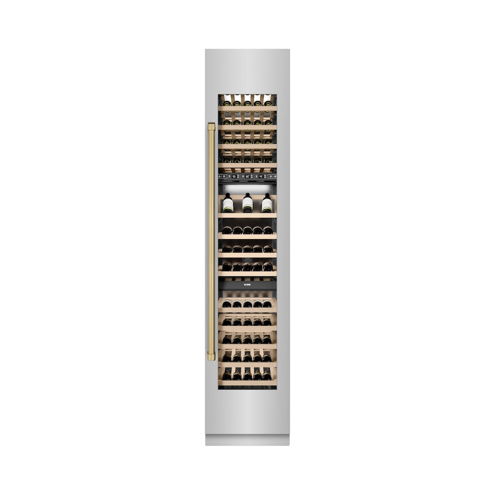Autograph Edition 18 In. 9.0 Cu. Ft. Triple Zone 68 Bottle Right Hinge Column Wine Cooler In Stainless Steel With Champagne Bronze Accents RCWVRZ30418CB