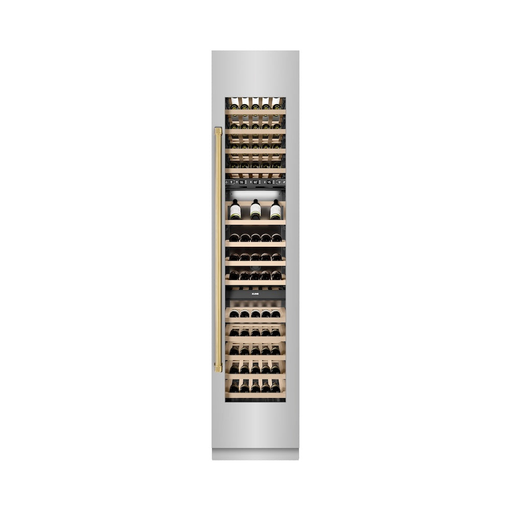 Autograph Edition 18 In. 9.0 Cu. Ft. Triple Zone 68 Bottle Right Hinge Column Wine Cooler In Stainless Steel With Polished Gold Accents RCWVRZ30418G