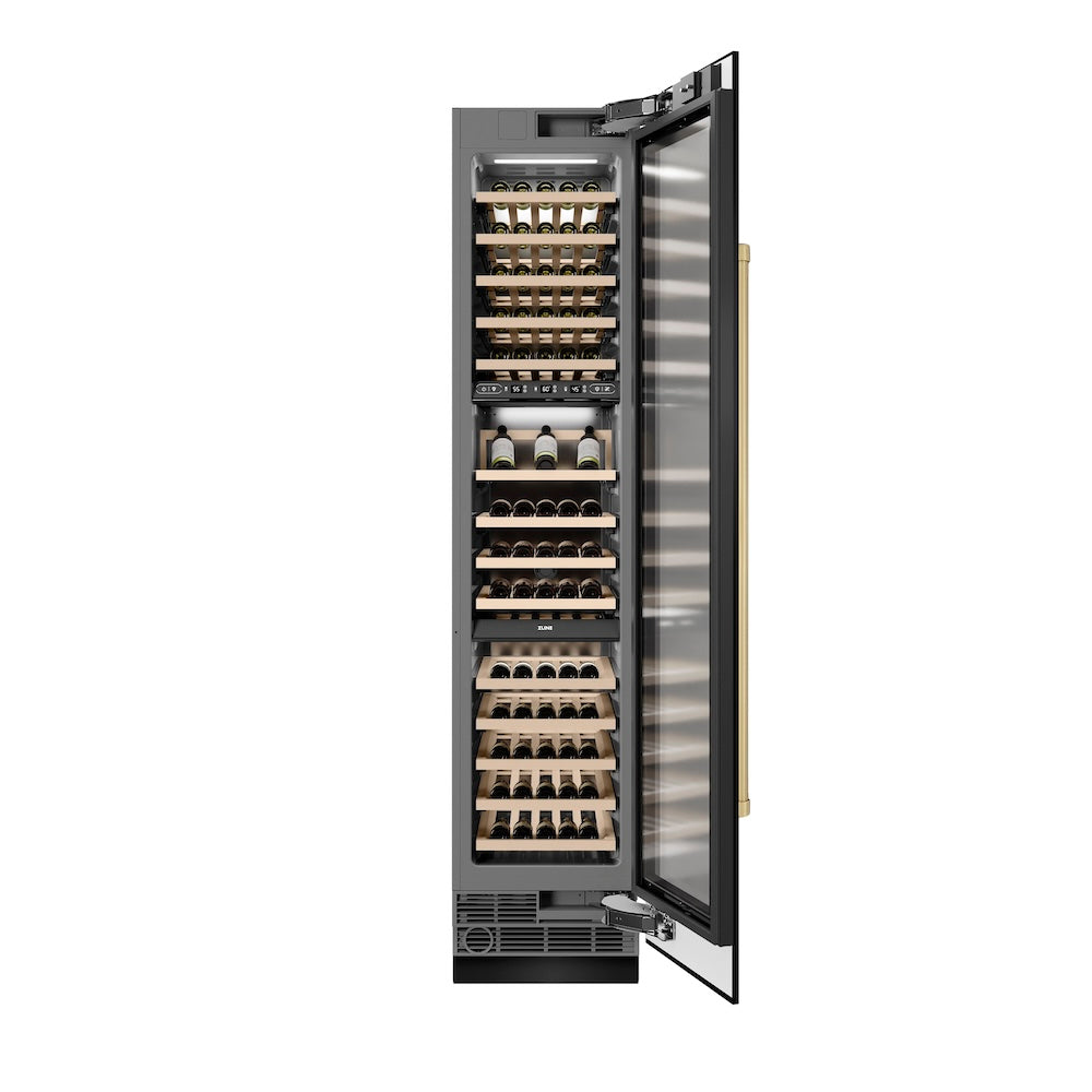 Autograph Edition 18 In. 9.0 Cu. Ft. Triple Zone 68 Bottle Right Hinge Column Wine Cooler In Black Stainless Steel With Champagne Bronze Accents RCWVRZBS18CB
