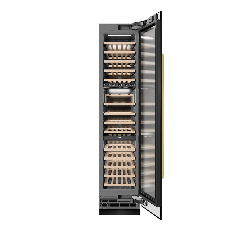 Autograph Edition 18 In. 9.0 Cu. Ft. Triple Zone 68 Bottle Right Hinge Column Wine Cooler In Black Stainless Steel With Polished Gold Accents RCWVRZBS18G