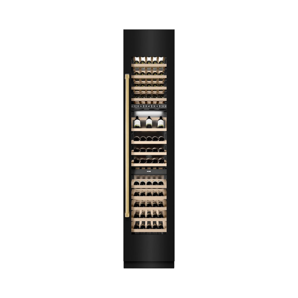 Autograph Edition 18 In. 9.0 Cu. Ft. Triple Zone 68 Bottle Right Hinge Column Wine Cooler In Black Stainless Steel With Polished Gold Accents RCWVRZBS18G