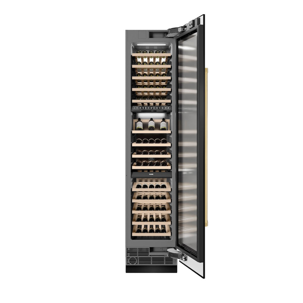 Autograph Edition 18 In. 9.0 Cu. Ft. Triple Zone 68 Bottle Right Hinge Column Wine Cooler In Black Stainless Steel With Polished Gold Accents RCWVRZBS18G