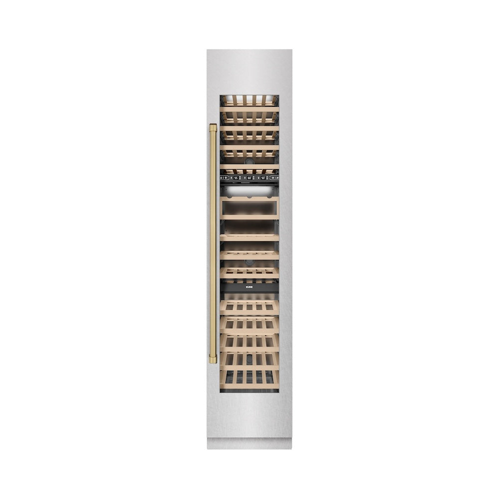 Autograph Edition 18 In. 9.0 Cu. Ft. Triple Zone 68 Bottle Right Hinge Column Wine Cooler In Satin Stainless Steel With Champagne Bronze Accents RCWVRZSN18CB