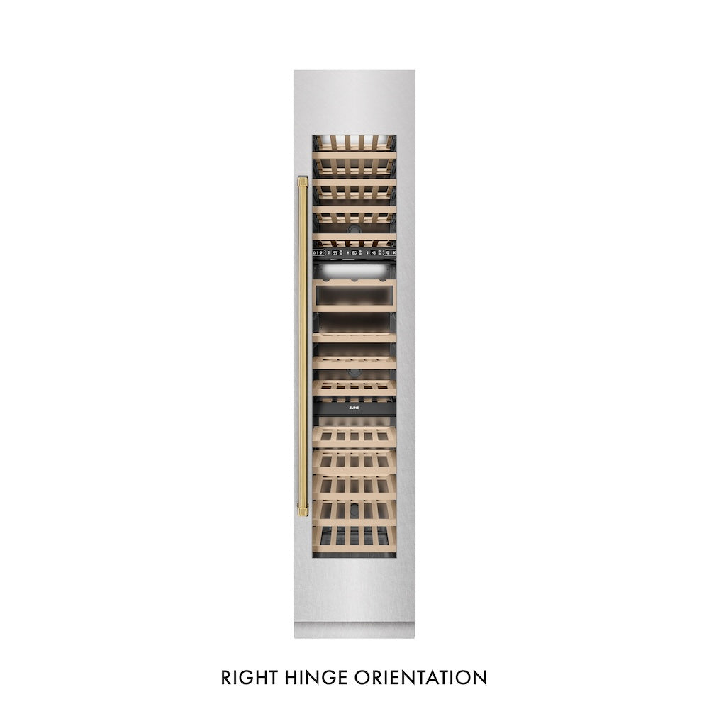 Autograph Edition 18 In. 9.0 Cu. Ft. Triple Zone 68 Bottle Right Hinge Column Wine Cooler In Satin Stainless Steel With Polished Gold Accents RCWVRZSN18G