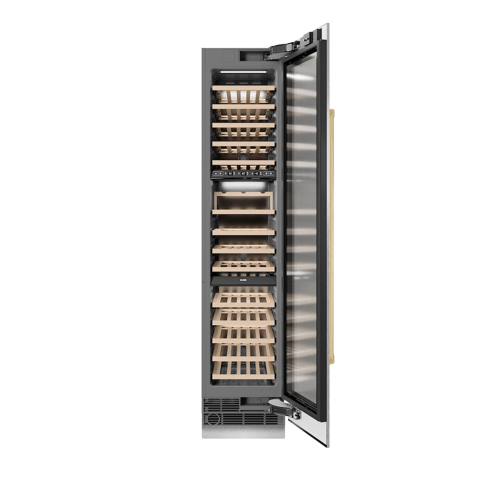 Autograph Edition 18 In. 9.0 Cu. Ft. Triple Zone 68 Bottle Right Hinge Column Wine Cooler In Satin Stainless Steel With Polished Gold Accents RCWVRZSN18G