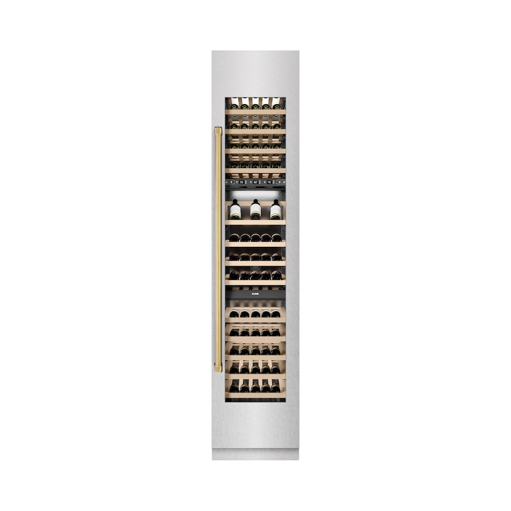 Autograph Edition 18 In. 9.0 Cu. Ft. Triple Zone 68 Bottle Right Hinge Column Wine Cooler In Satin Stainless Steel With Polished Gold Accents RCWVRZSN18G