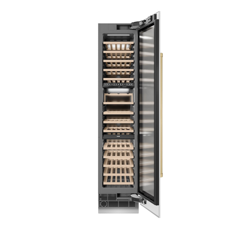 Autograph Edition 18 In. 9.0 Cu. Ft. Triple Zone 68 Bottle Right Hinge Column Wine Cooler In White Matte With Champagne Bronze Accents RCWVRZWM18CB
