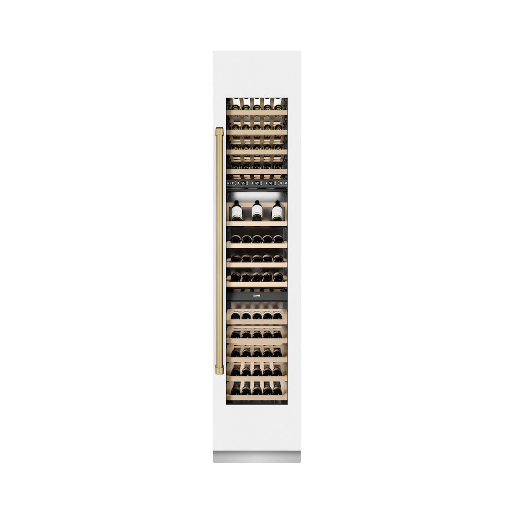 Autograph Edition 18 In. 9.0 Cu. Ft. Triple Zone 68 Bottle Right Hinge Column Wine Cooler In White Matte With Champagne Bronze Accents RCWVRZWM18CB