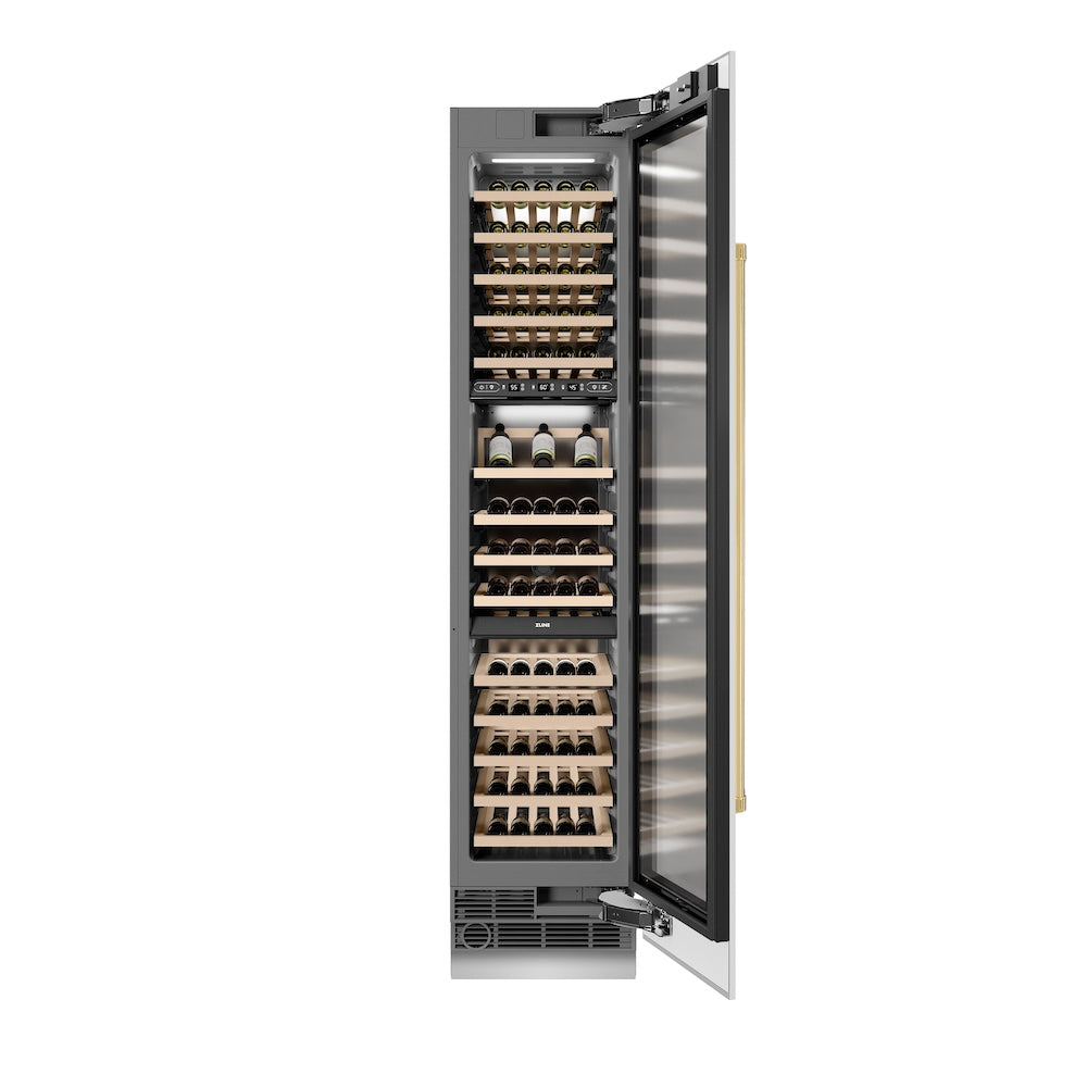 Autograph Edition 18 In. 9.0 Cu. Ft. Triple Zone 68 Bottle Right Hinge Column Wine Cooler In White Matte With Polished Gold Accents RCWVRZWM18G