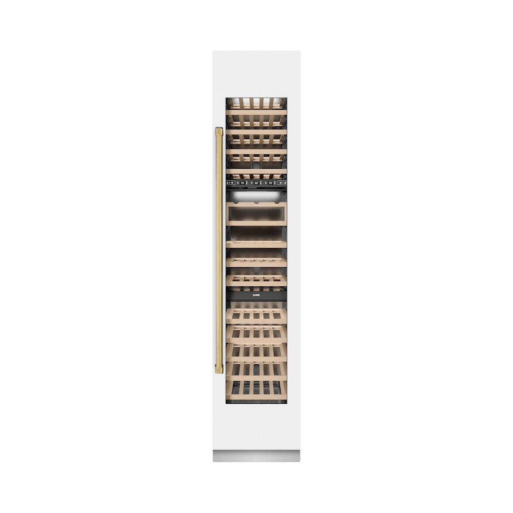 Autograph Edition 18 In. 9.0 Cu. Ft. Triple Zone 68 Bottle Right Hinge Column Wine Cooler In White Matte With Polished Gold Accents RCWVRZWM18G