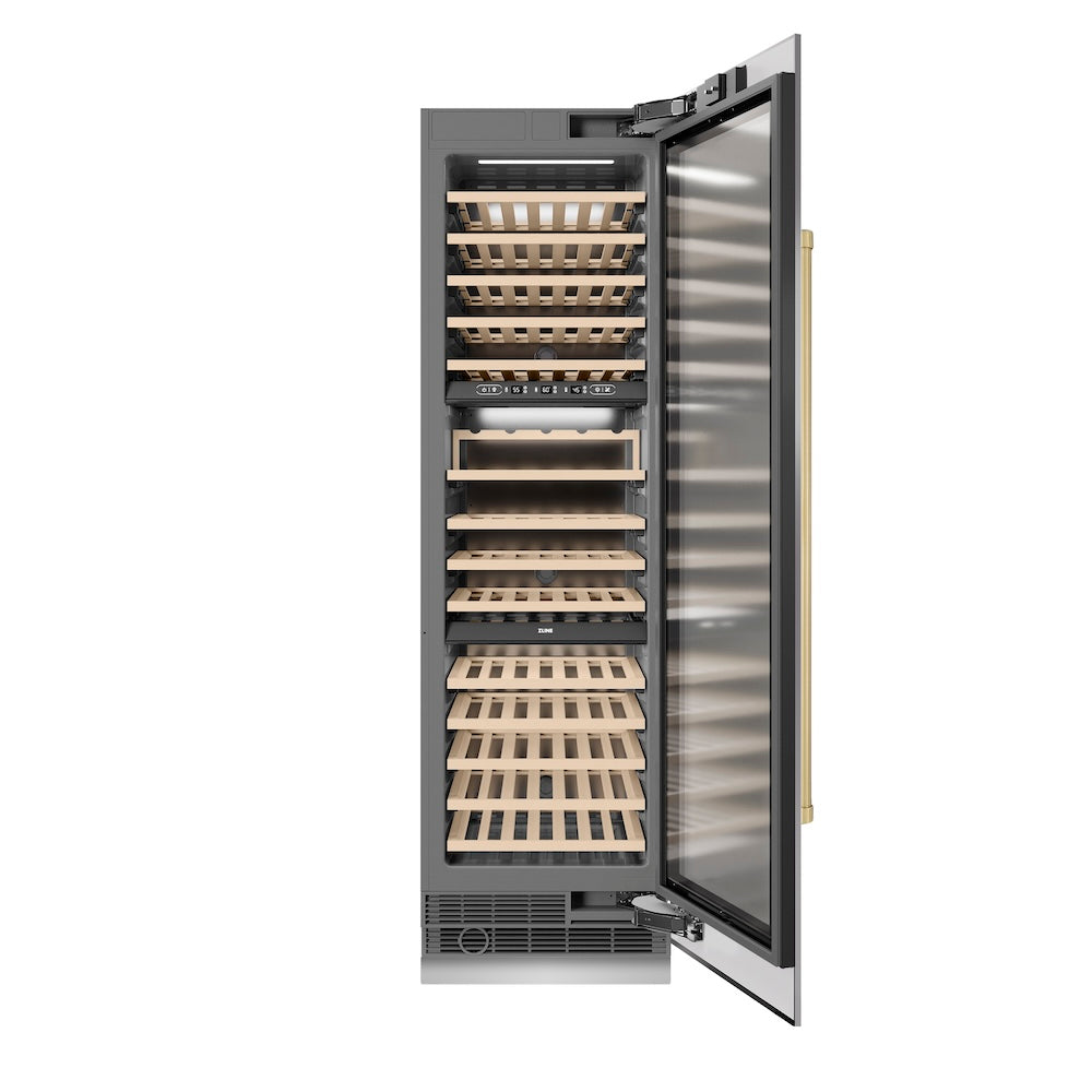 ZLINE Autograph Edition 24 in. 12.4 cu. ft. Triple Zone 100 Bottle Column Wine Cooler in Stainless Steel and Champagne Bronze Accents (RCWVZ-304-24-CB) RCWVZ30424CB