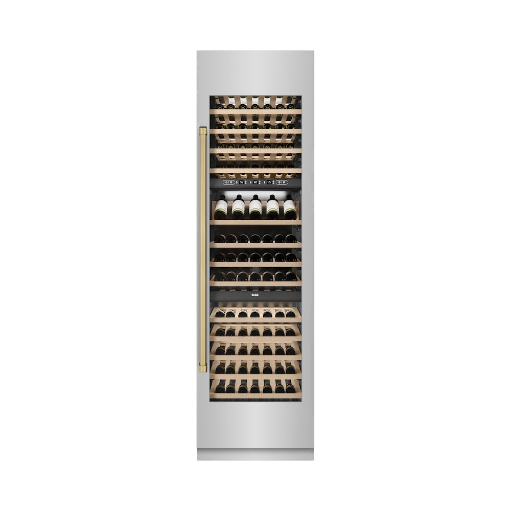 ZLINE Autograph Edition 24 in. 12.4 cu. ft. Triple Zone 100 Bottle Column Wine Cooler in Stainless Steel and Champagne Bronze Accents (RCWVZ-304-24-CB) RCWVZ30424CB