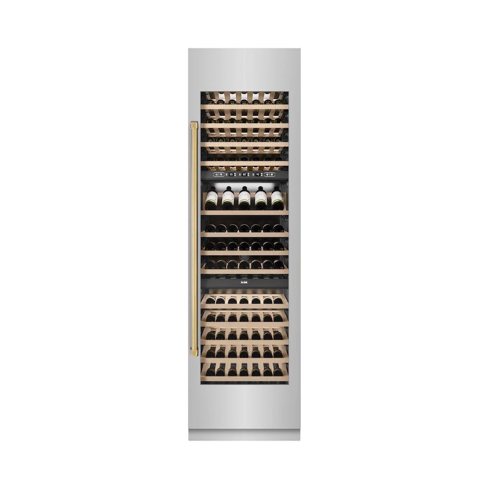 ZLINE Autograph Edition 24 in. 12.4 cu. ft. Triple Zone 100 Bottle Column Wine Cooler in Stainless Steel and Polished Gold Accents (RCWVZ-304-24-G) RCWVZ30424G
