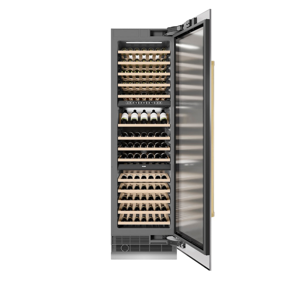 ZLINE Autograph Edition 24 in. 12.4 cu. ft. Triple Zone 100 Bottle Column Wine Cooler in Stainless Steel and Polished Gold Accents (RCWVZ-304-24-G) RCWVZ30424G