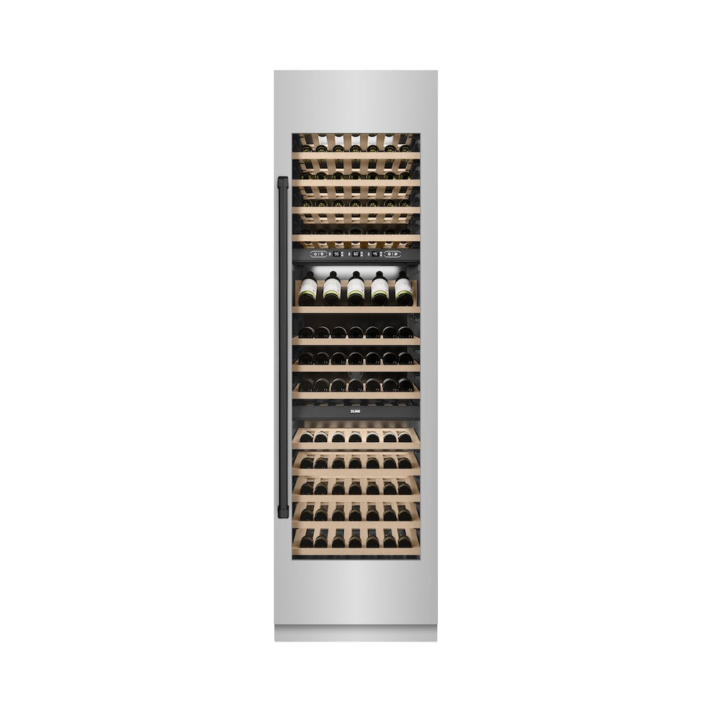 ZLINE Autograph Edition 24 in. 12.4 cu. ft. Triple Zone 100 Bottle Column Wine Cooler in Stainless Steel and Matte Black Accents (RCWVZ-304-24-MB) RCWVZ30424MB