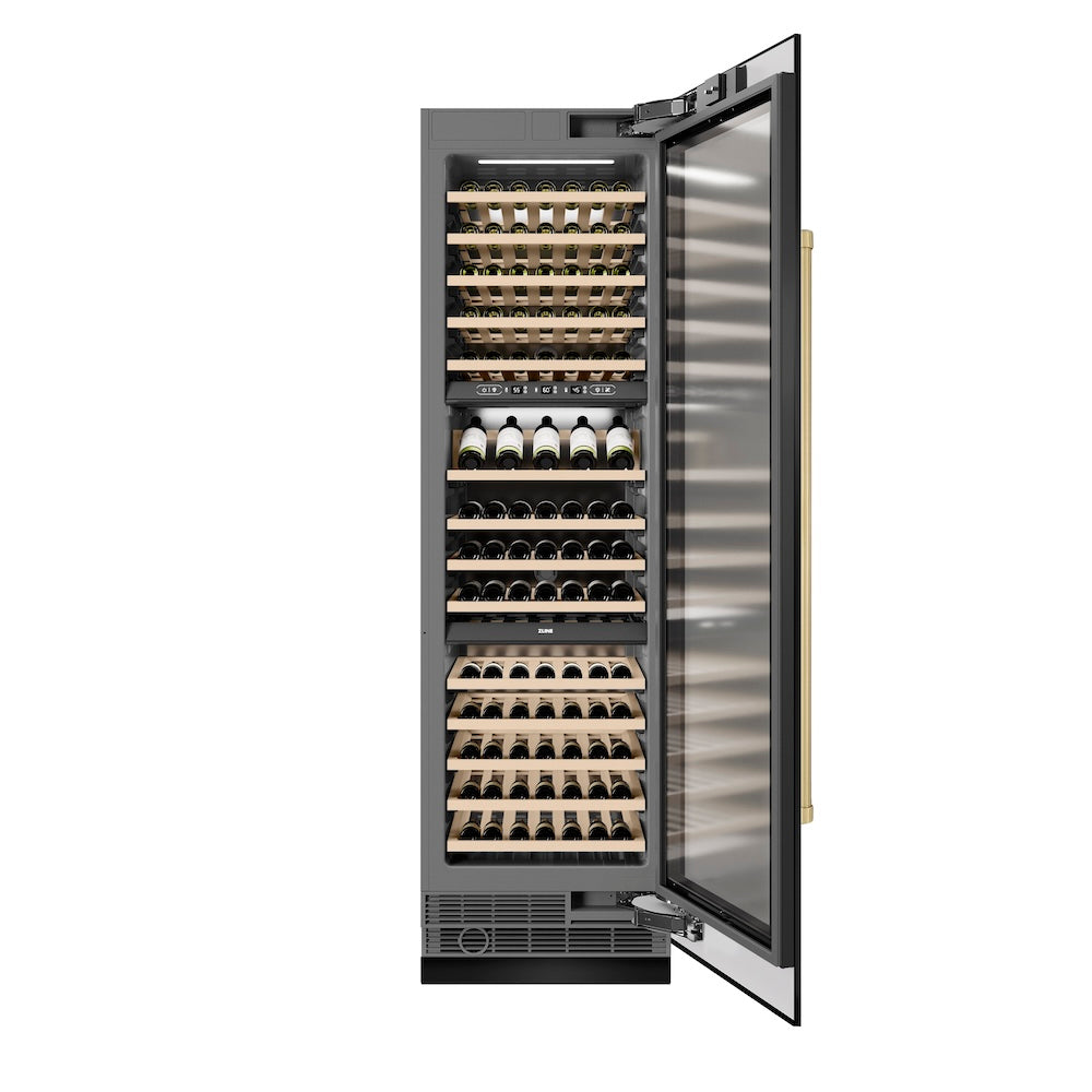 Autograph Edition 24 In. 12.4 Cu. Ft. Triple Zone 100 Bottle Column Wine Cooler In Black Stainless Steel And Champagne Bronze Accents RCWVZBS24CB