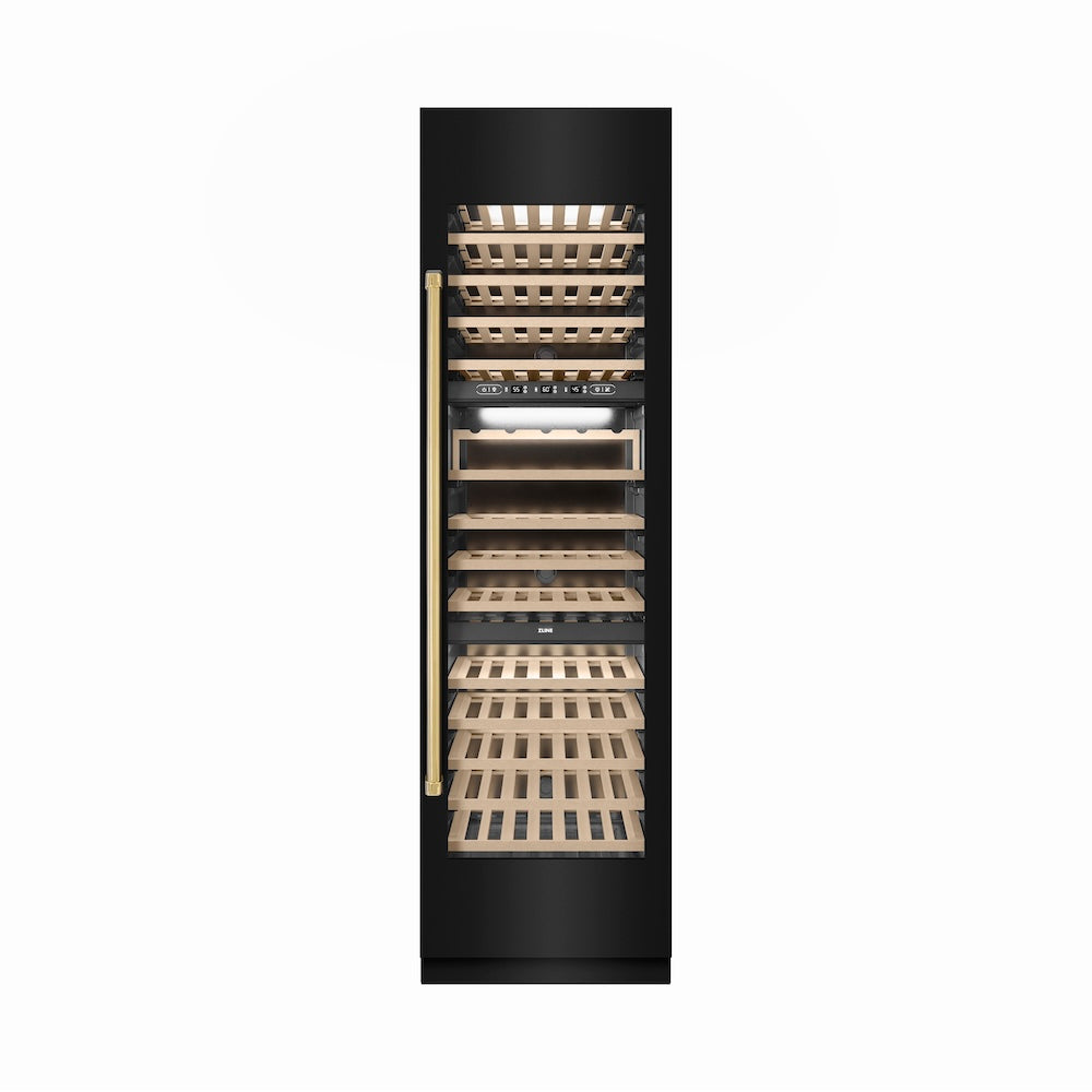 Autograph Edition 24 In. 12.4 Cu. Ft. Triple Zone 100 Bottle Column Wine Cooler In Black Stainless Steel And Polished Gold Accents RCWVZBS24G