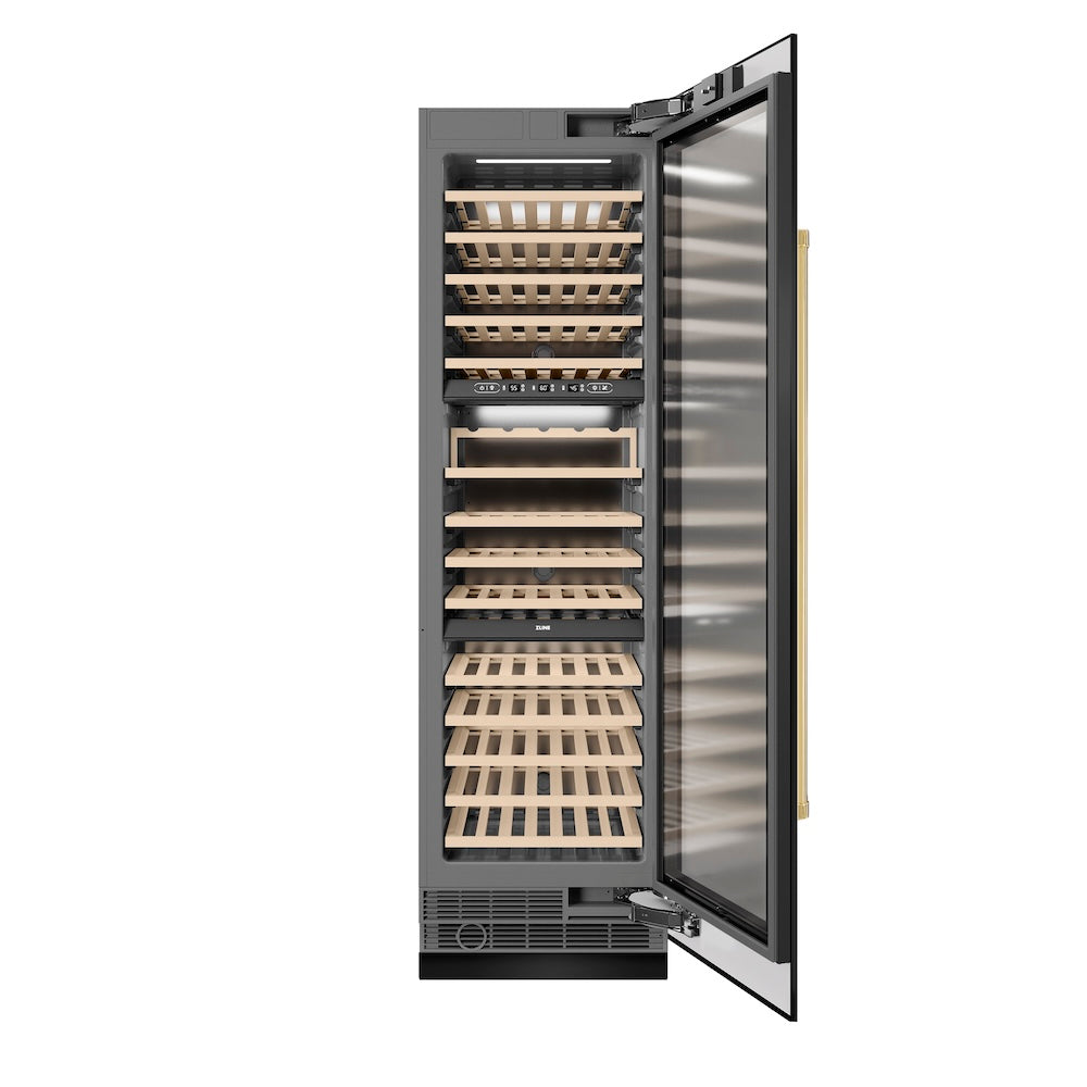 Autograph Edition 24 In. 12.4 Cu. Ft. Triple Zone 100 Bottle Column Wine Cooler In Black Stainless Steel And Polished Gold Accents RCWVZBS24G