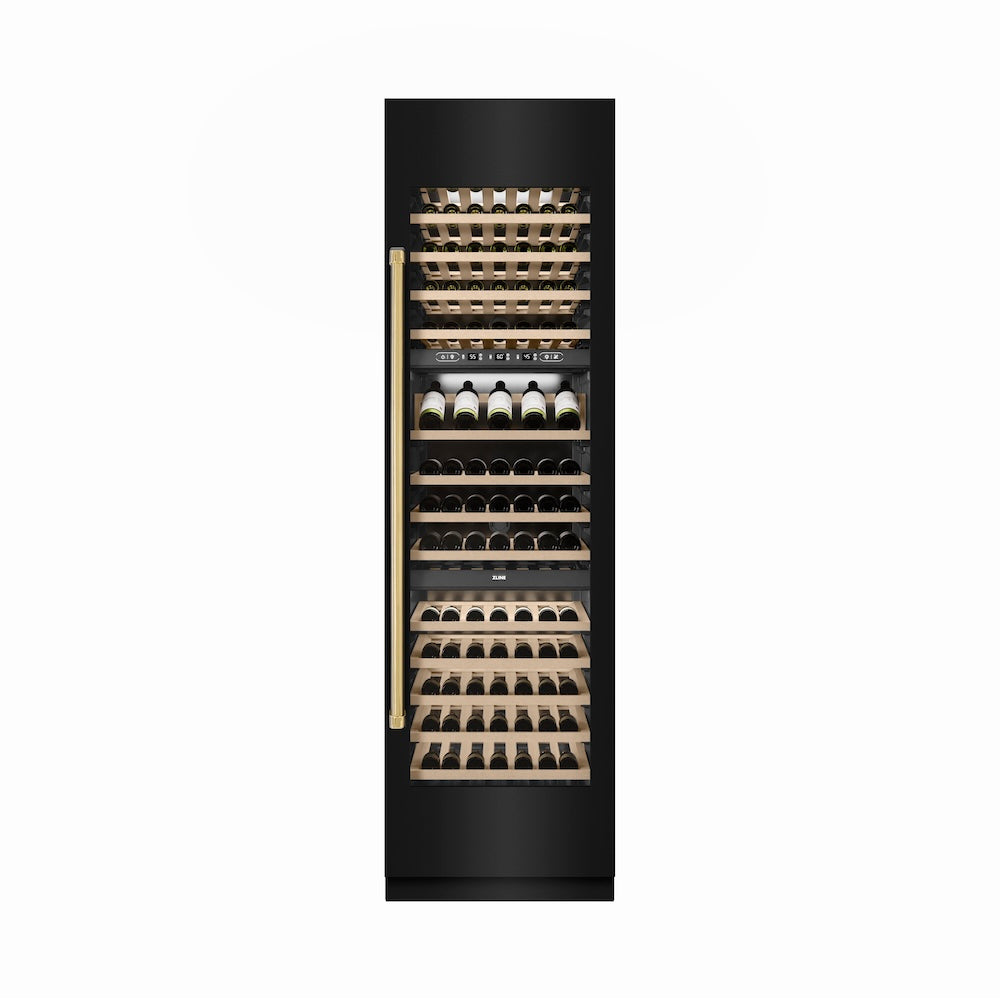Autograph Edition 24 In. 12.4 Cu. Ft. Triple Zone 100 Bottle Column Wine Cooler In Black Stainless Steel And Polished Gold Accents RCWVZBS24G