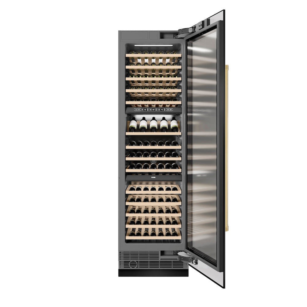 Autograph Edition 24 In. 12.4 Cu. Ft. Triple Zone 100 Bottle Column Wine Cooler In Black Stainless Steel And Polished Gold Accents RCWVZBS24G