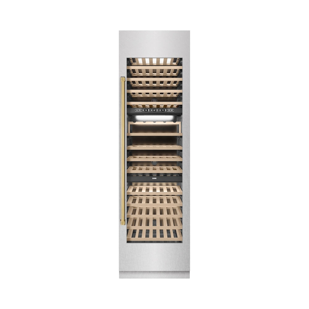 Autograph Edition 24 In. 12.4 Cu. Ft. Triple Zone 100 Bottle Column Wine Cooler In Satin Stainless Steel And Polished Gold Accents RCWVZSN24G